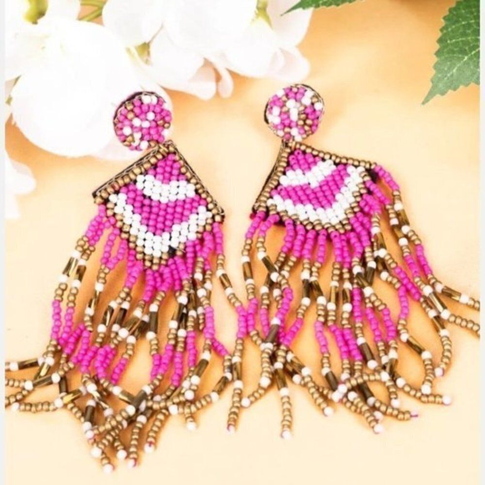 Pink White Gold Seed Bead Tassel Fringe Earrings